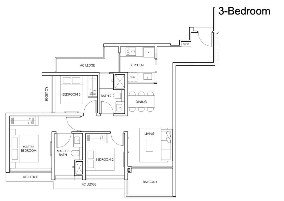 AMO Residence 3-bedroom 958 sqft floor plan