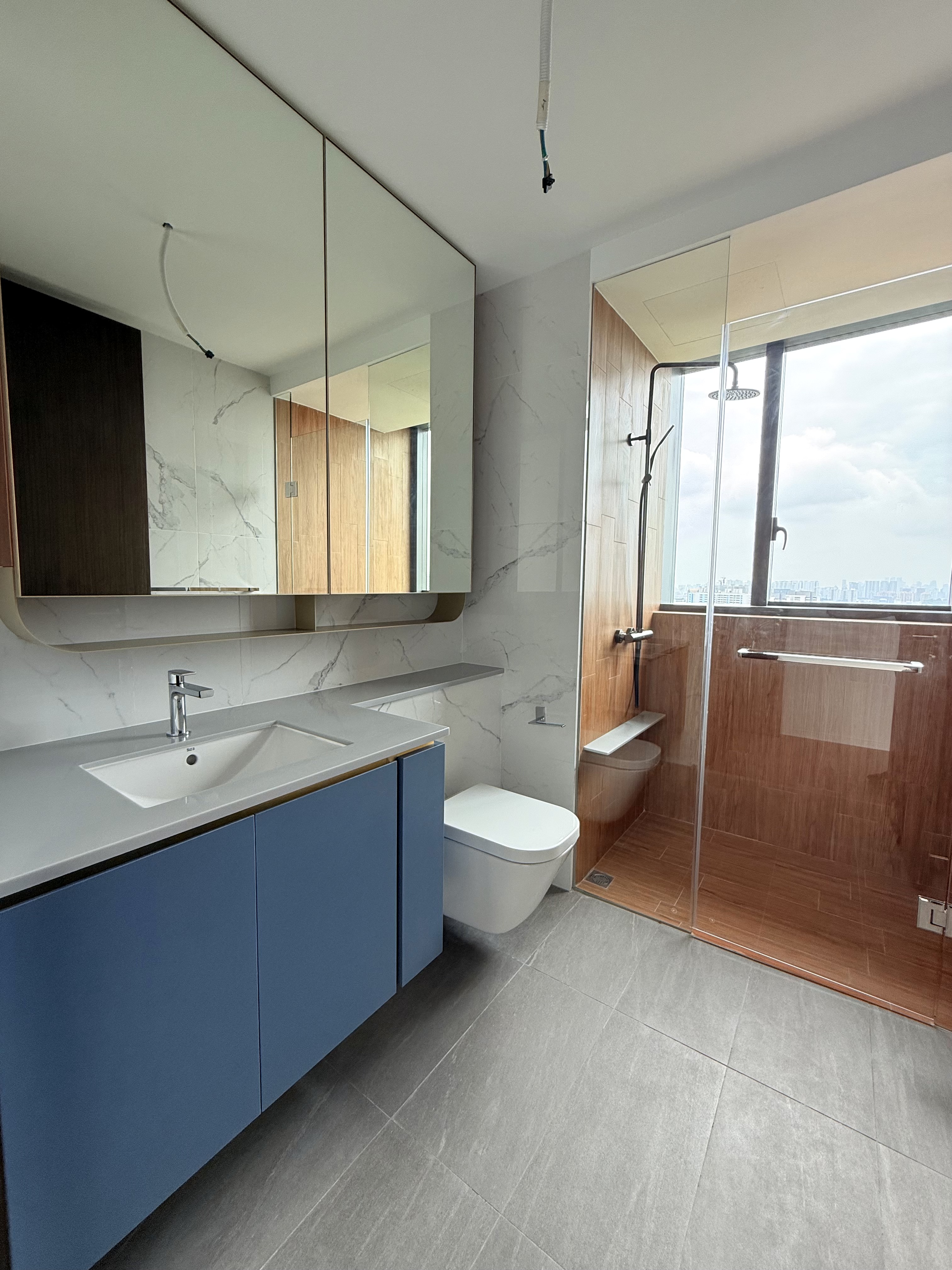 Brand new bathroom at AMO Residence with glass shower screen and vanity